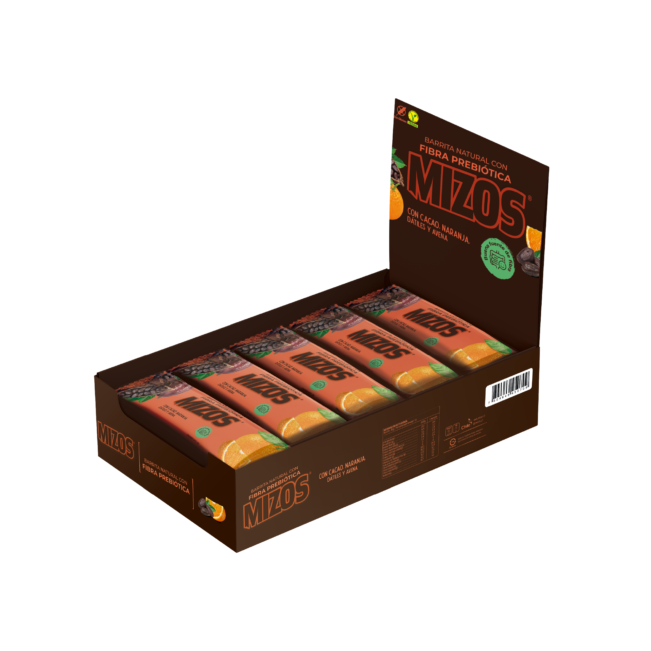 Barrita Natural Naranja Cacao con Fibra Prebiótica - 18 uds.