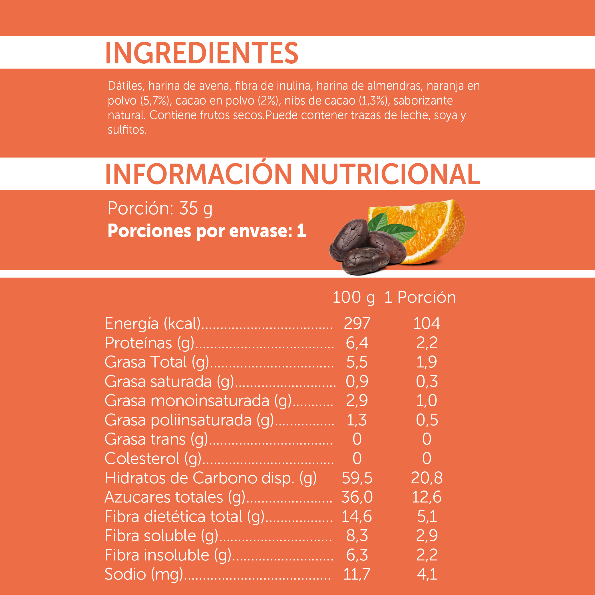 Barrita Natural Naranja Cacao con Fibra Prebiótica - 4 uds.