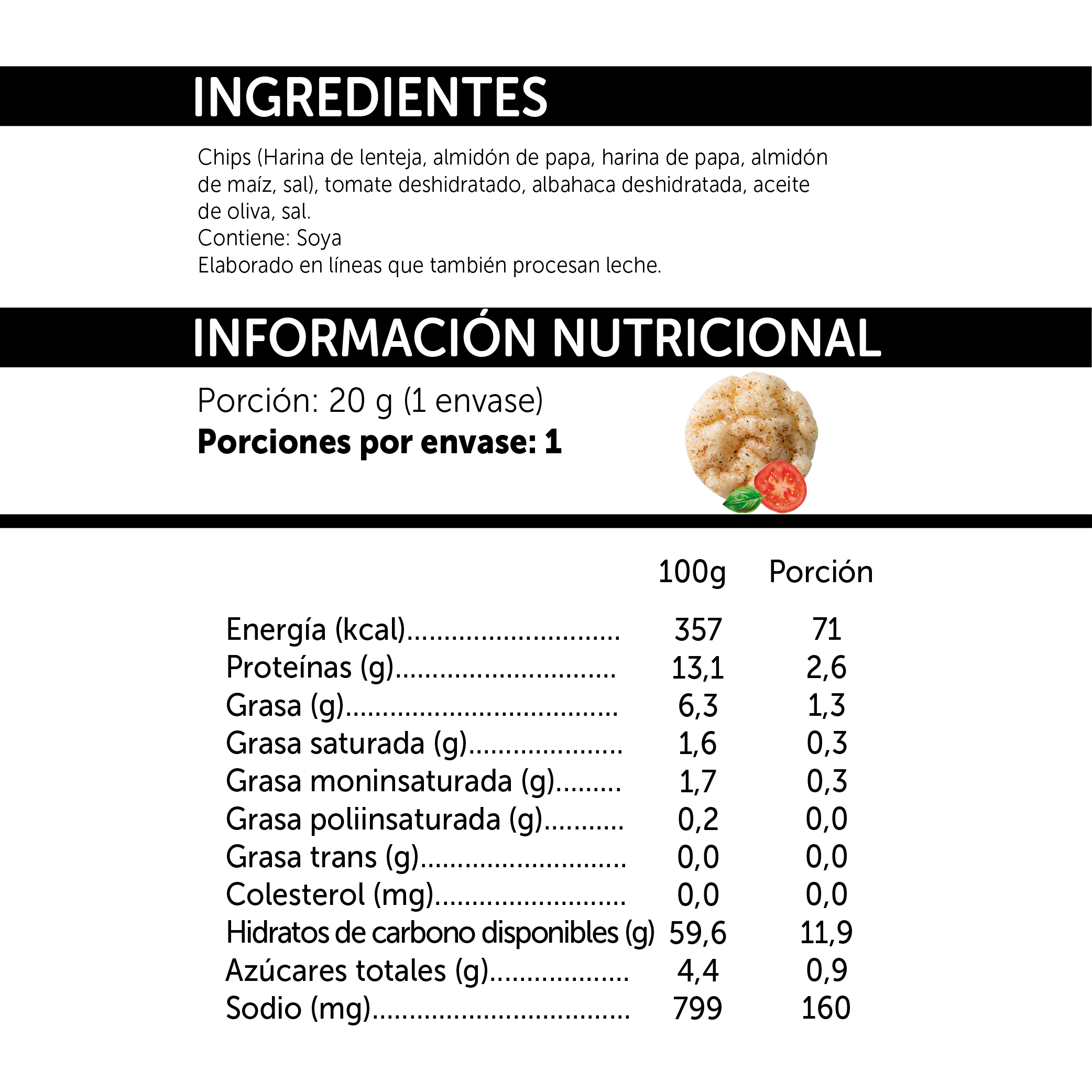 Popped Chips de Lentejas con Tomate y Albahaca - 20 gr