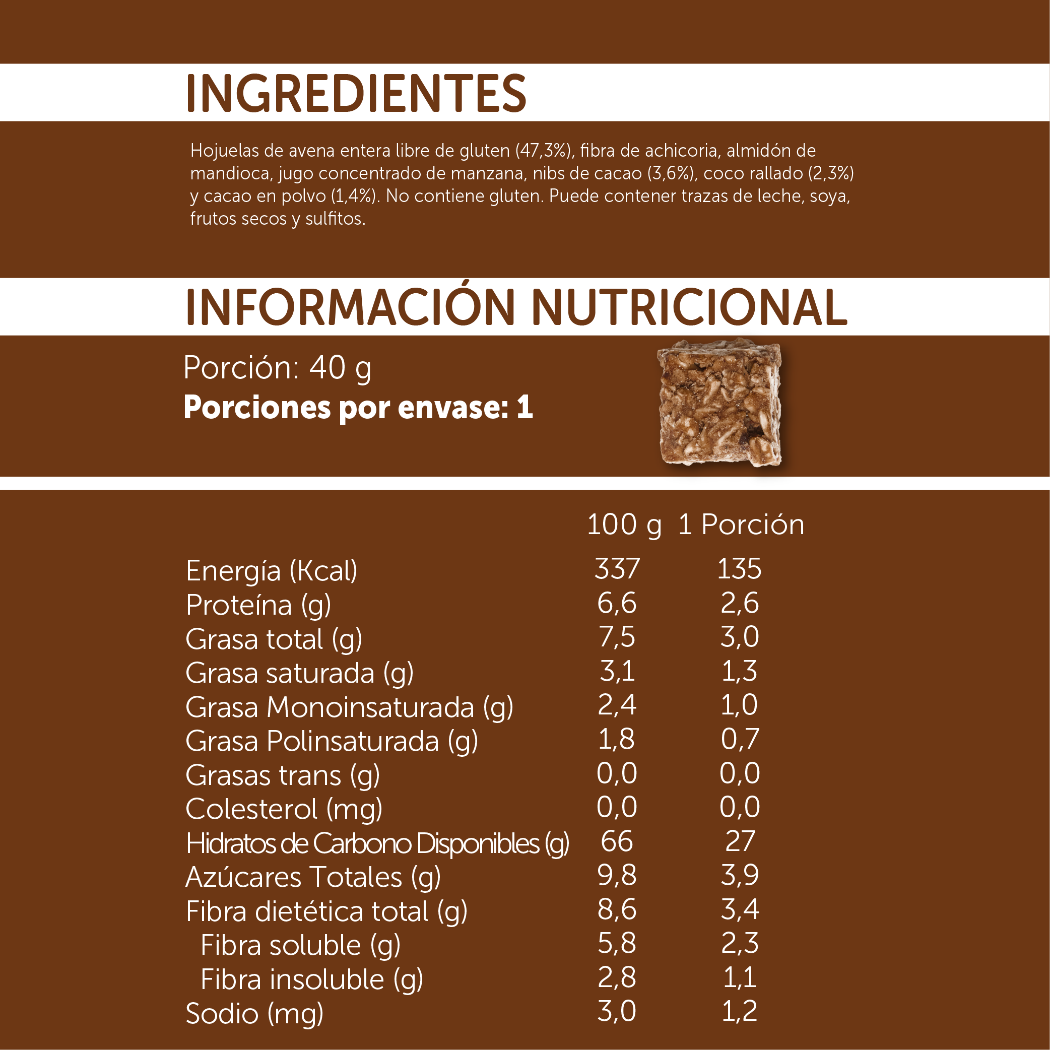 Bites de Avena Cacao Coco - 40 gr